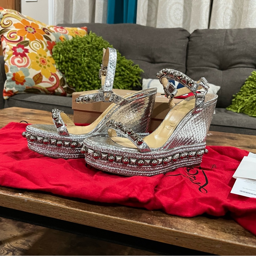 Christian Louboutin Silver Wedge Sandals with Metallic Straps